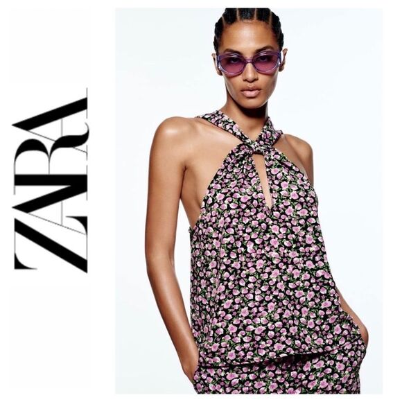 NWT Zara Floral Print Halter Top in Purple, Green & Black, Size XS - Picture 1 of 16